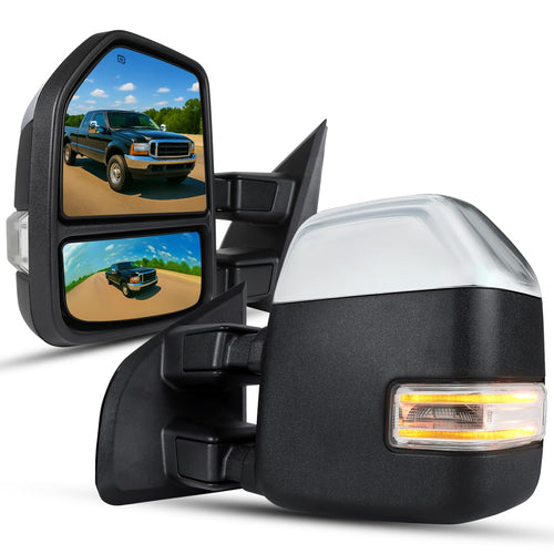 Spec-D Tuning Chrome Telescopic Power Heated Clear Signal Towing Mirrors Compatible with 1999-2016 Ford F-250, F-350, F-450 Super Duty Left + Right Pair
