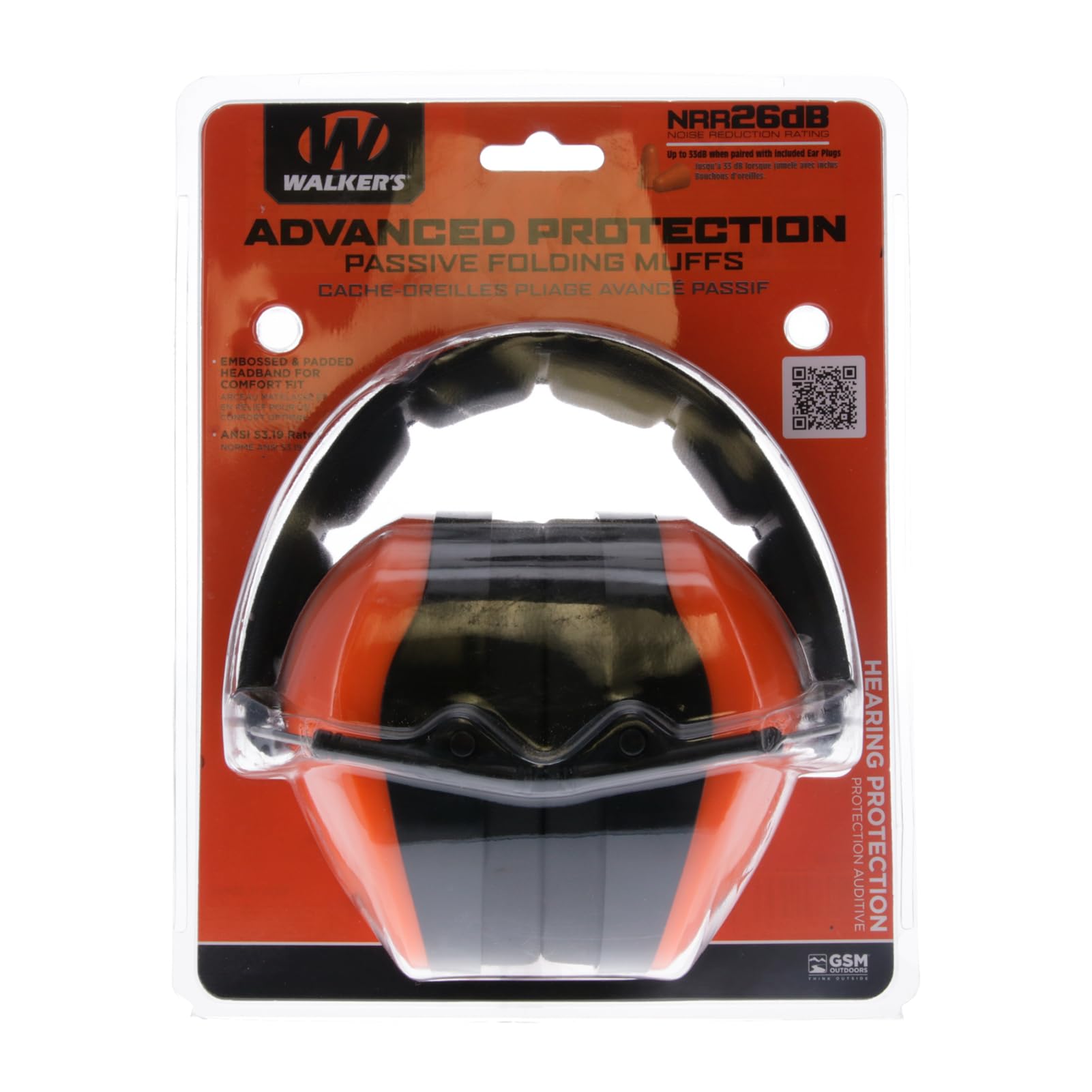 Walker's Passive Dual Colored Muff - Compact Folding Lightweight 26dB NRR Hunting Gun Range Shooting Hearing Protection Muff w/Padded Headband & PVC Earpads, Blaze Orange