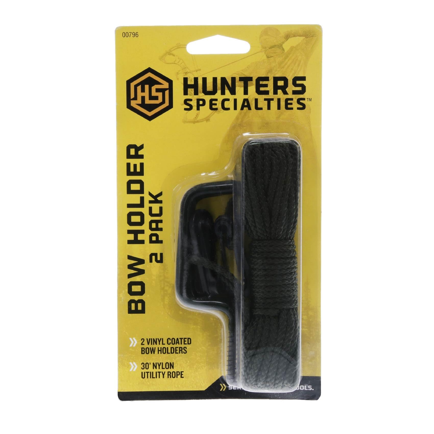 Hunters Specialties 30-Foot Utility Rope - Bow Holder with 2 Screw-in Quiet Vinyl-Coated Bow Hanger Hooks Included (2 Pack)