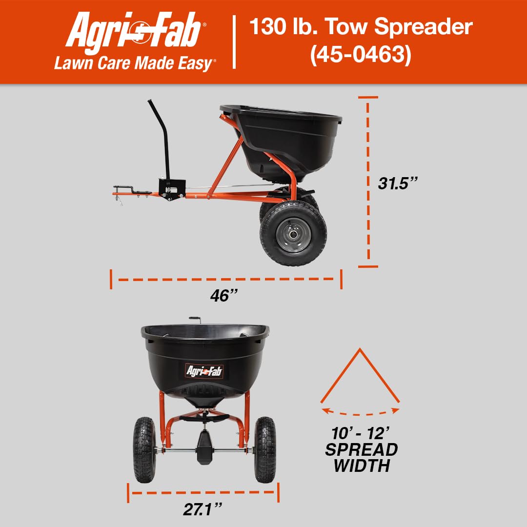 Tow-Behind Agri-Fab 45-0463 130 lb. Lawn & Garden Broadcast Spreader for Seed,Fertilizer,Salt,Ice Melt; Easy to use Flow Control from Seat of Riding Lawn Mower