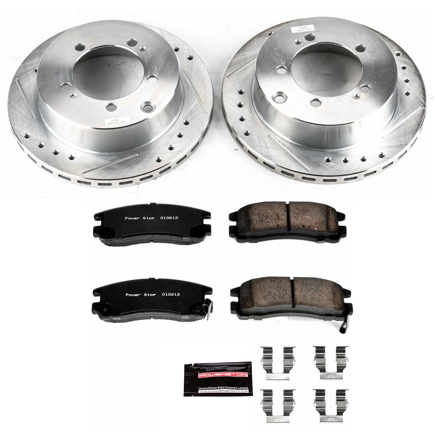 Power Stop K806 Z23 Carbon Fiber Brake Pads with Drilled & Slotted Brake Rotors Kit Rear