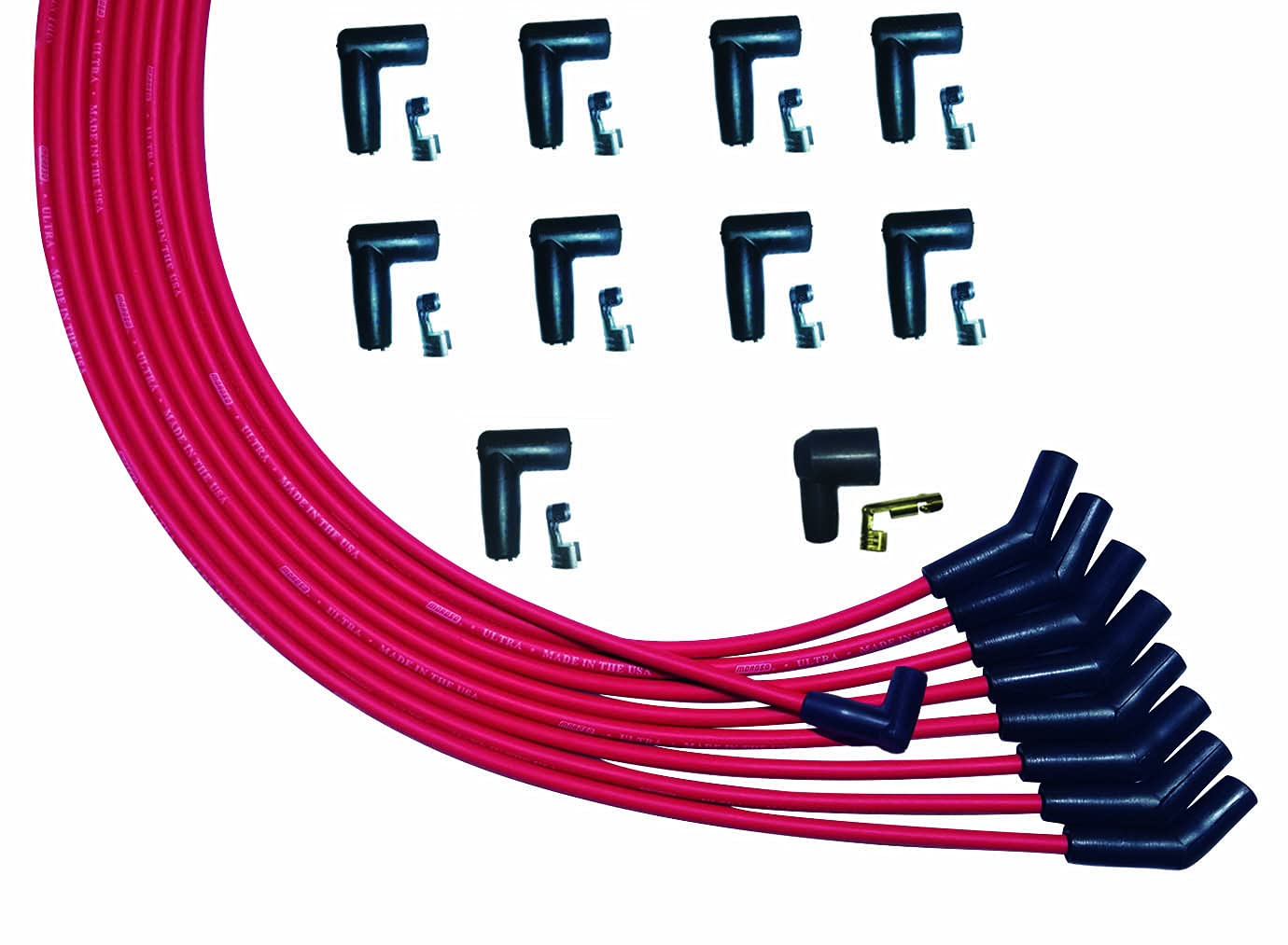 Moroso Ultra Series Universal V8 Red Spark Plug Wires, 135 Degree plug Ends, Distributor HEI
