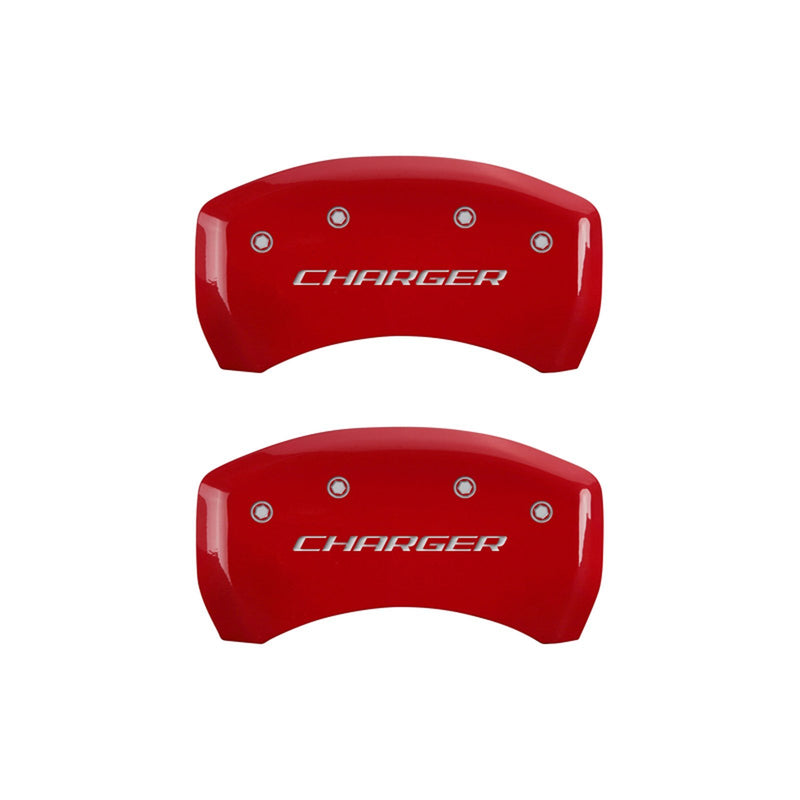 MGP Caliper Covers with Compatible 2011-2023 Dodge Charger and Challenger (Requires 18"+ Wheels & Single Piston Front Caliper) 4 PCS Front and Rear (Red - Charger Block Engraving)