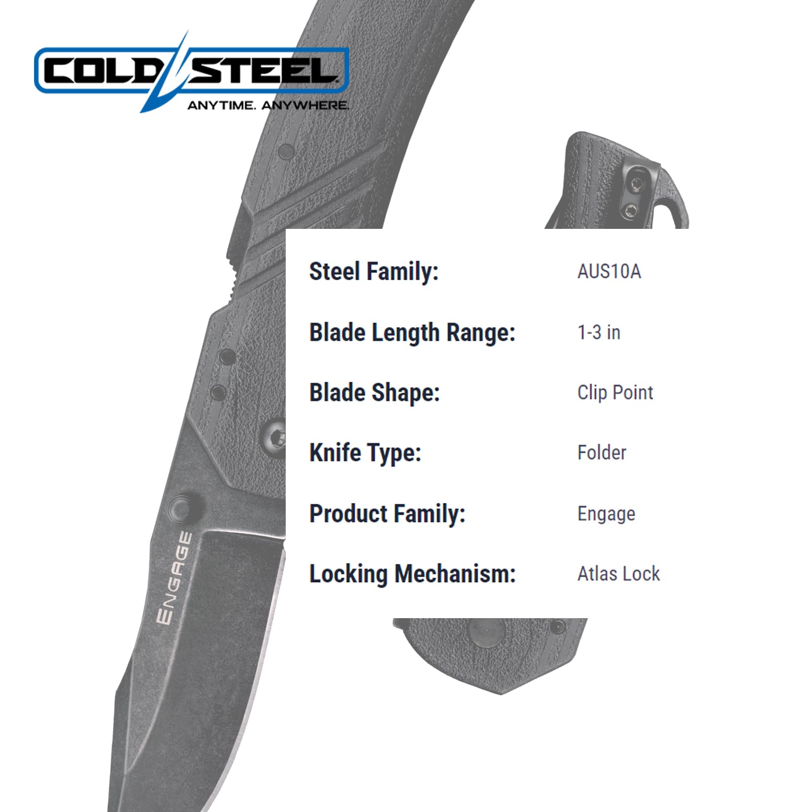 Cold Steel 3" CS-FL-30DPLC-10B: Engage Aus10A / 3" Clip Point Blade / 2.4Mm Thick, Black/Grey