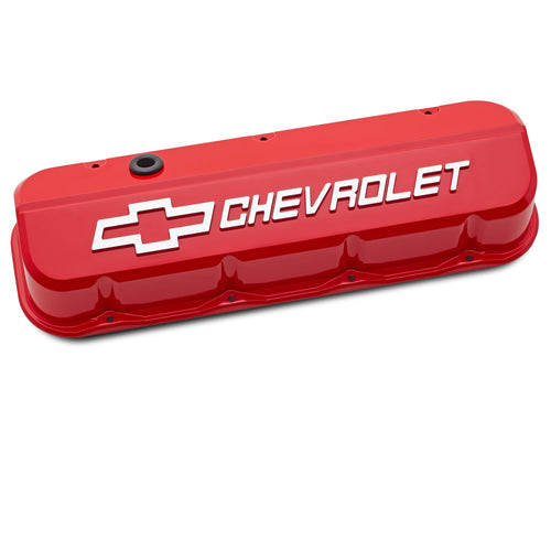Proform Slant-Edge Valve Cover, Tall, Baffled, Breather Hole, Raised Chevrolet Logo, Aluminum, Red Paint