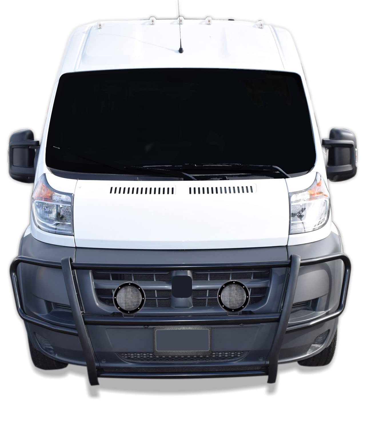 Spartan Black Horse Grille Brush Bumper Guard Modular Come with Pair of 5.3" LED Lights with Black Trim Rings Compatible with 2014-2022 Ram Promaster 1500/2500/3500-17DOPRMA-PLFB