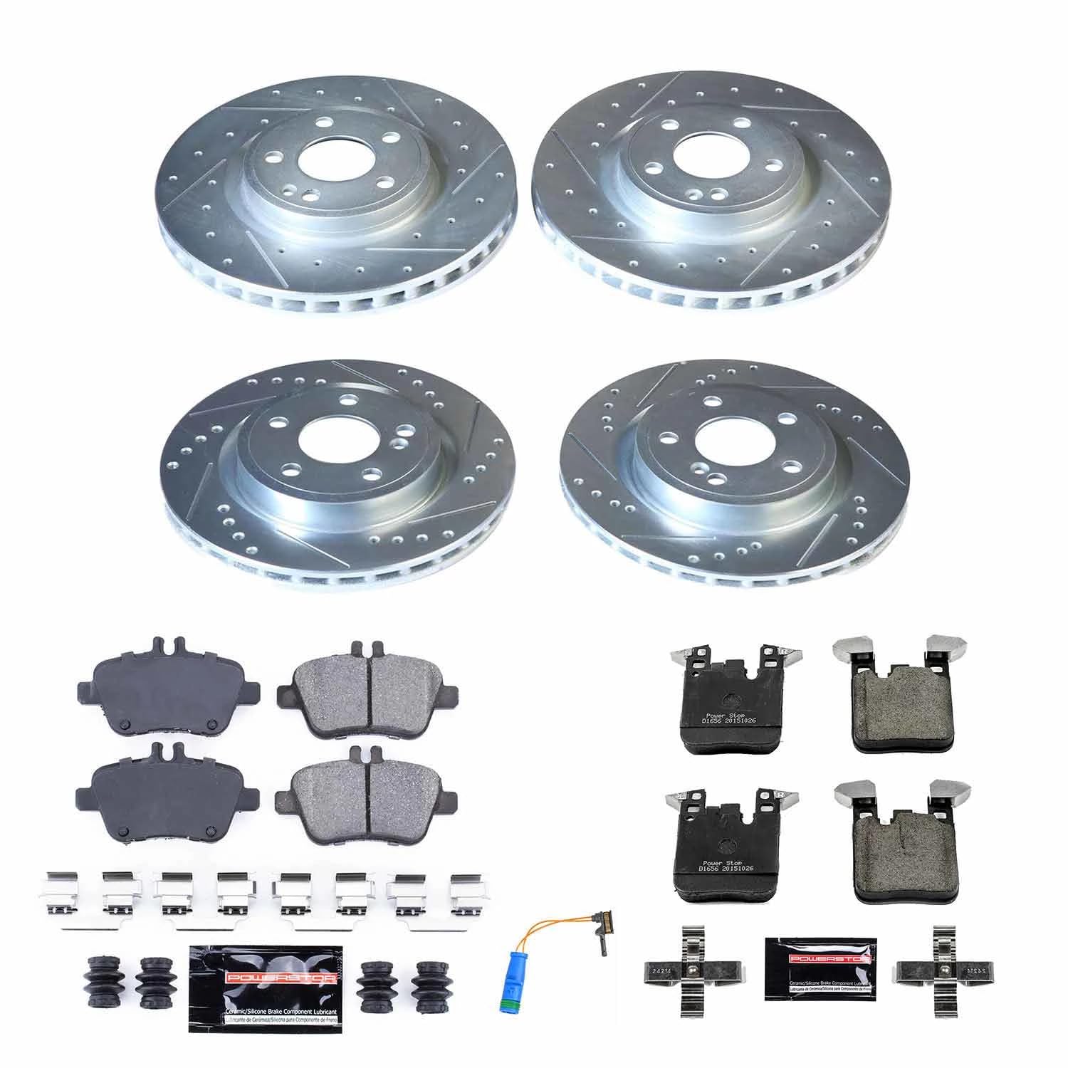 Power Stop K8265, Front and Rear Z23 Brake Kit-Drilled/Slotted Rotors & Carbon Ceramic Brake Pads and 1 Front Sensor Wire For Mercedes-Benz CLA250 2014-2019 [Model Specific]