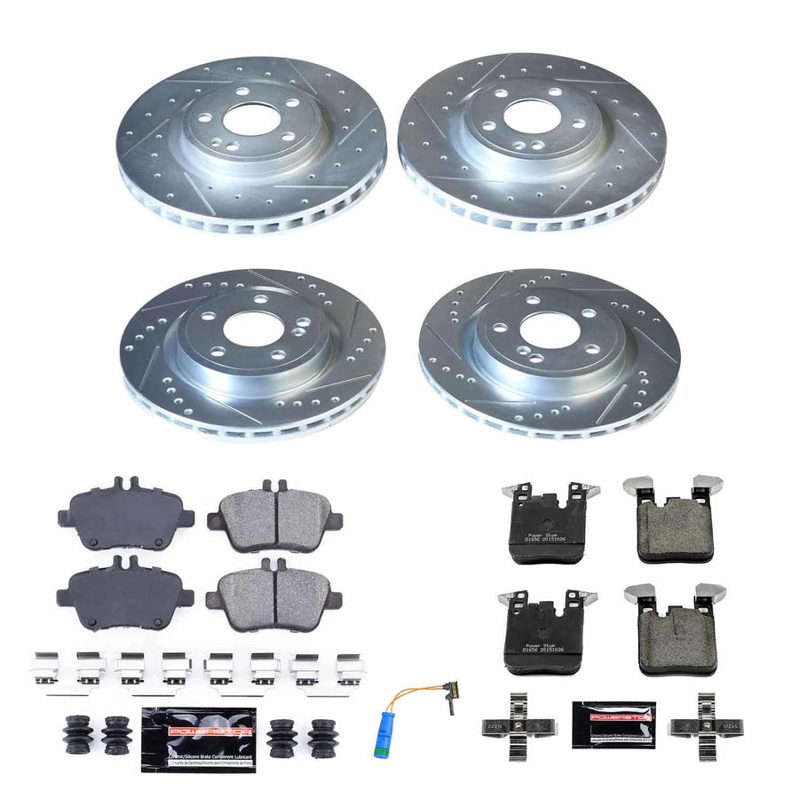 Power Stop K8265, Front and Rear Z23 Brake Kit-Drilled/Slotted Rotors & Carbon Ceramic Brake Pads and 1 Front Sensor Wire For Mercedes-Benz CLA250 2014-2019 [Model Specific]