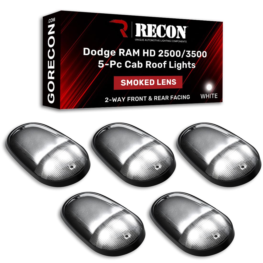 RECON - Fits Heavy-Duty Dodge RAM 2500/3500 03-18 5 Piece Cab Roof Light Set 2-Way Front & Rear Facing Ultra High-Power LED Smoked Lens in White (Smoked White, Existing Factory OEM Lights)