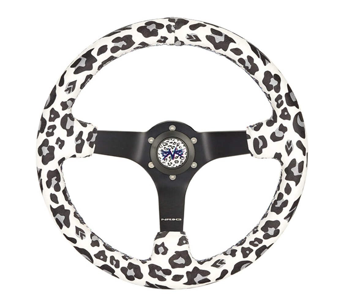 NRG Innovations Reinforced Sport Steering Wheel NRG-RST-036MB-SV-WT, 350mm (3' deep) Savage WhiteLeopard Printed Micro Fiber Vegan Material with Matte Black Spoke