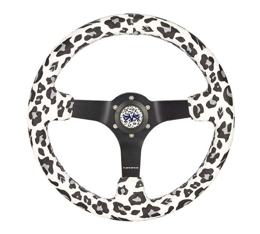 NRG Innovations Reinforced Sport Steering Wheel NRG-RST-036MB-SV-WT, 350mm (3' deep) Savage WhiteLeopard Printed Micro Fiber Vegan Material with Matte Black Spoke