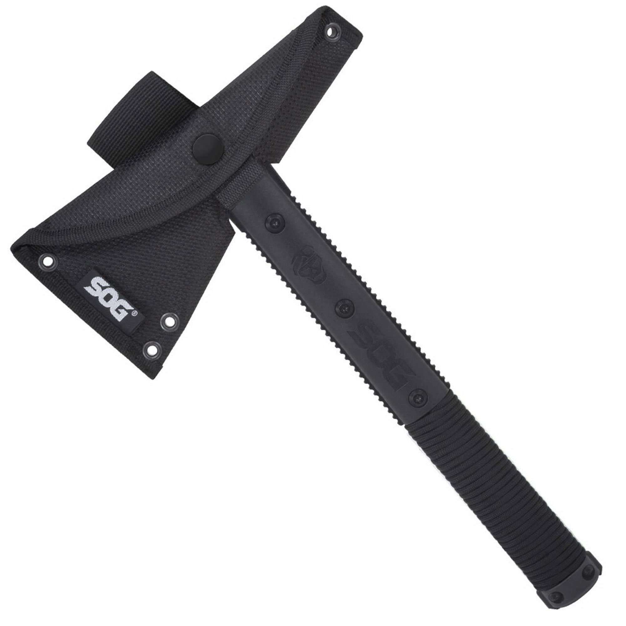 SOG Survival Hawk - Tactical Outdoor Specialty Hatchet, Fire Starter, Nail Puller, Hammer, Multi-Purpose Blade with Reflective Paracord Wrapped Handle (SK1001-CP),Black