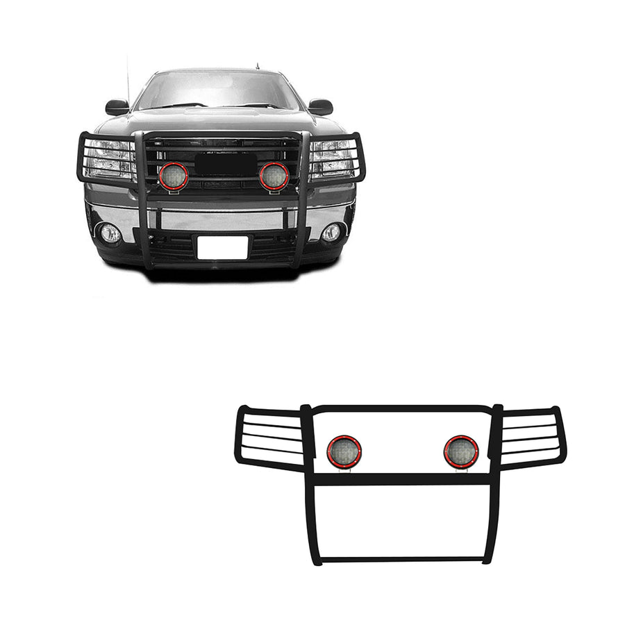 Grille Brush Black Horse Bumper Guard Modular Black Come with Pair of 5.3" Dia.LED Lights with Red Trim Rings Compatible with 2007-2013 GMC Sierra 1500-17GS10MA-PLFR