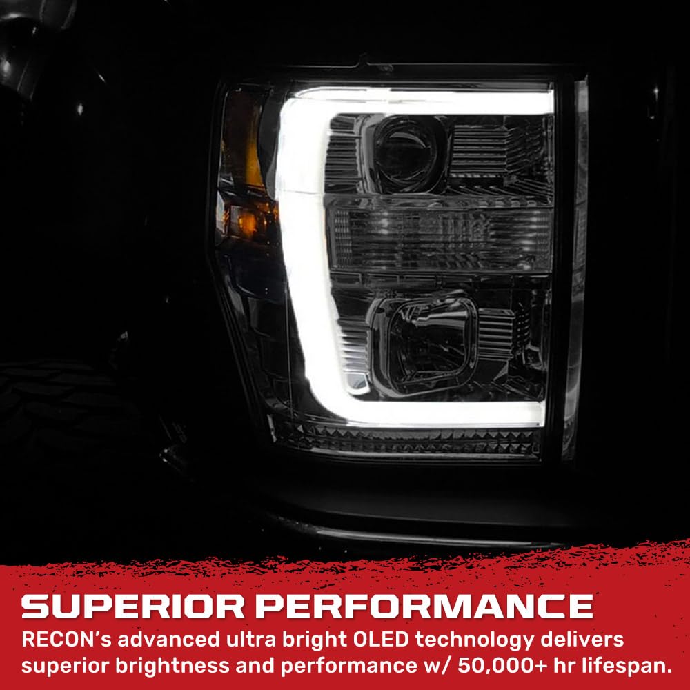 RECON - Premium Projector Headlights Fits 2008-2010 Super Duty (F250 F350 F450 F550) OLED Halos, DRL - Smoked Lens