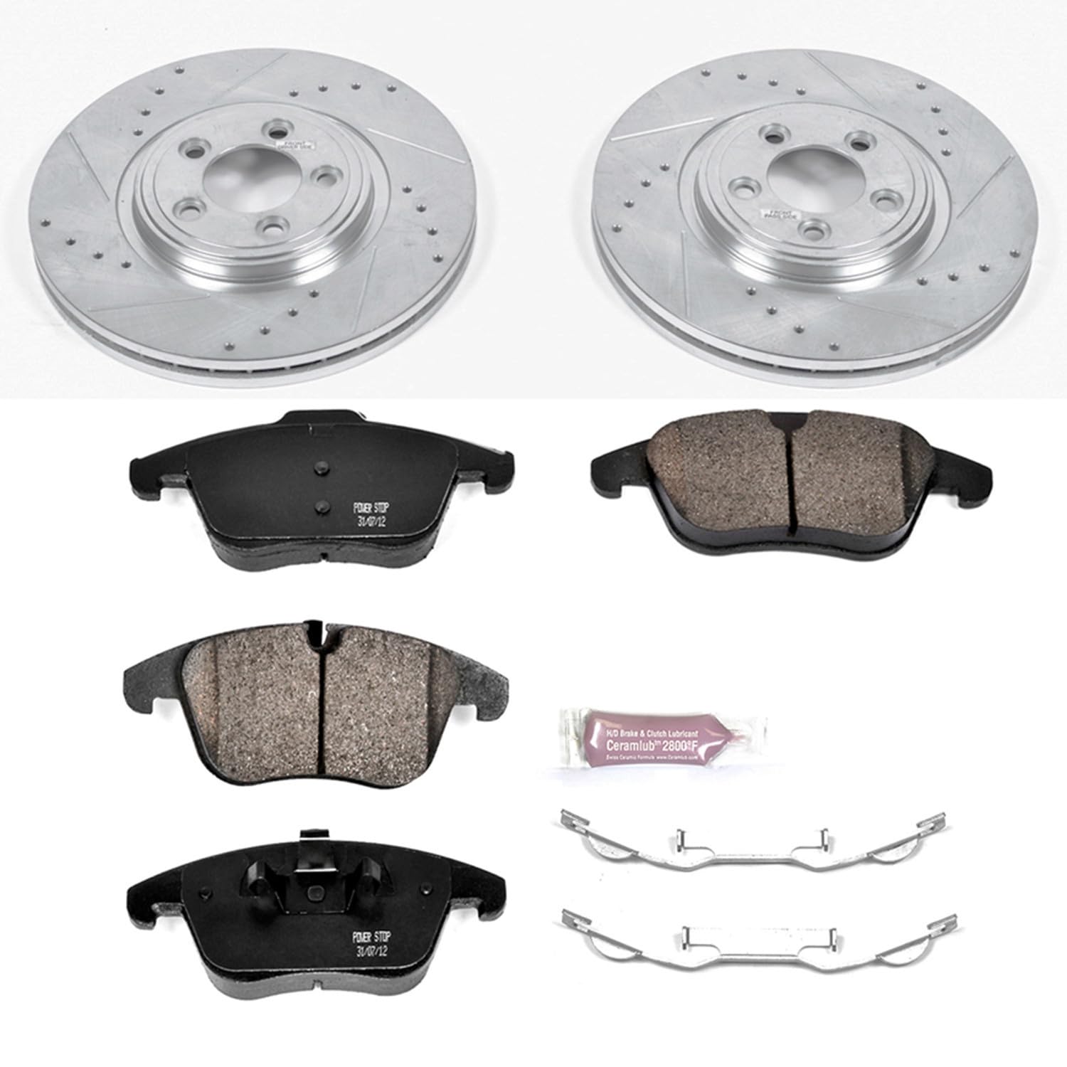 Power Stop K5636 Z23 Carbon Fiber Brake Pads with Drilled & Slotted Brake Rotors Kit For Jaguar S-Type, Jaguar Vanden Plas, Jaguar XF, Jaguar XJ8, Jaguar XK [Model Specific]