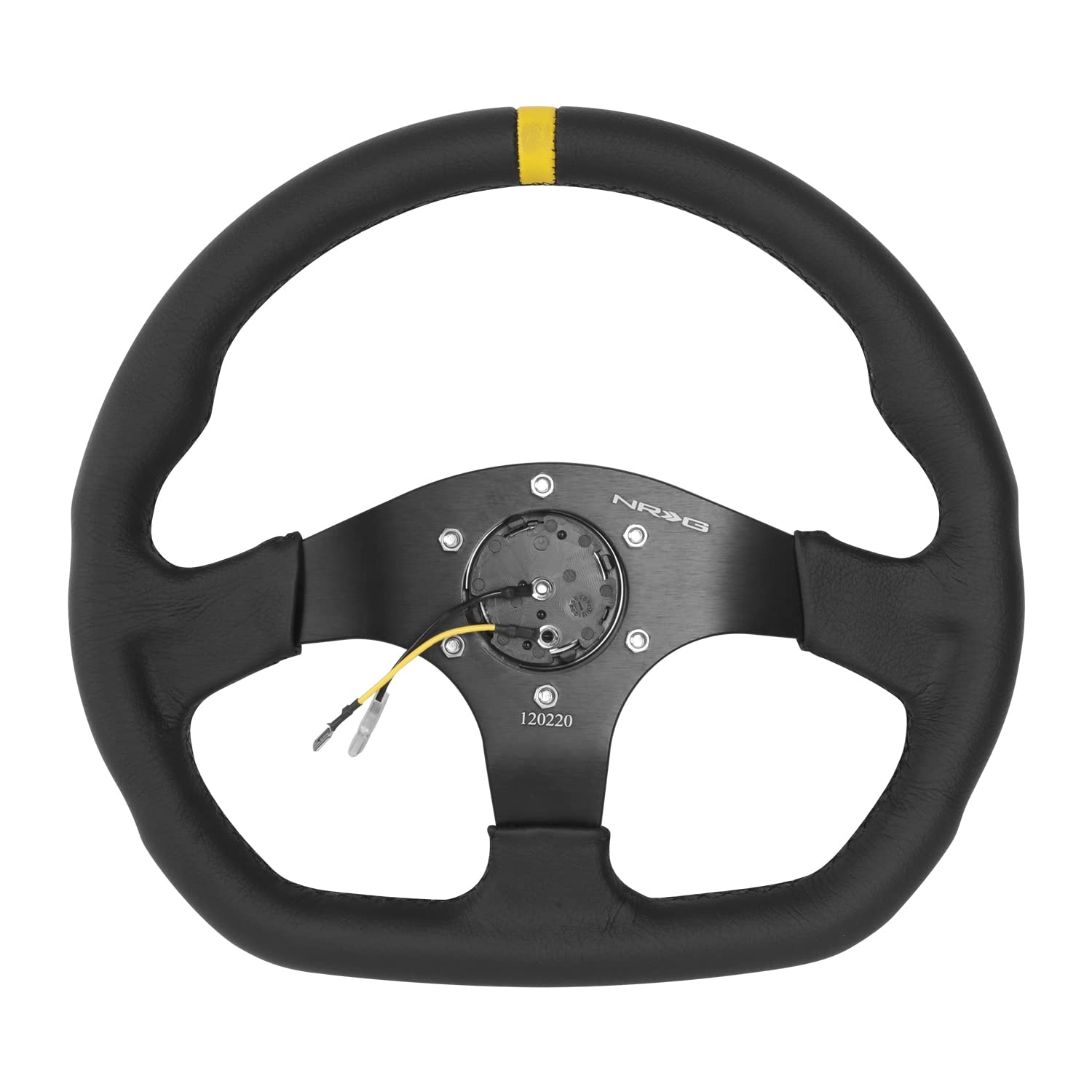 NRG Innovations Reinforced NRG-RST-024MB-R-Y Steering Wheel - 320mm Sport Leather Flat Bottom with Yellow Center Mark