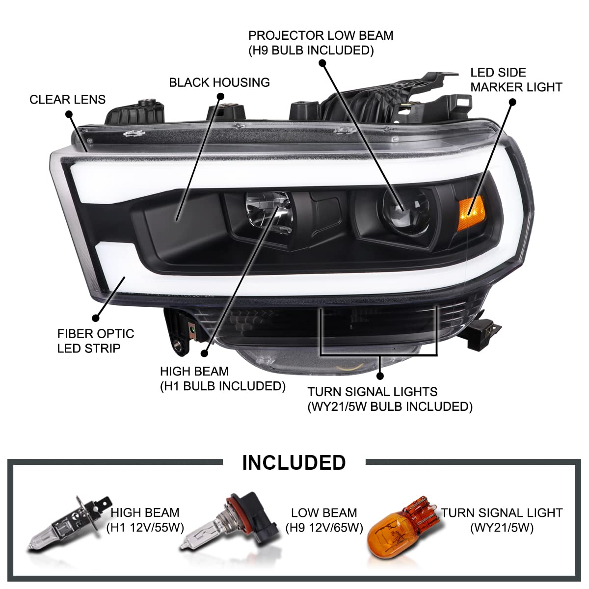 Black Projector Headlights w/LED Bar SPEC-D TUNING Compatible with 2019-2024 Dodge Ram 2500, 3500, 4500, Left + Right Pair Headlamps Assembly