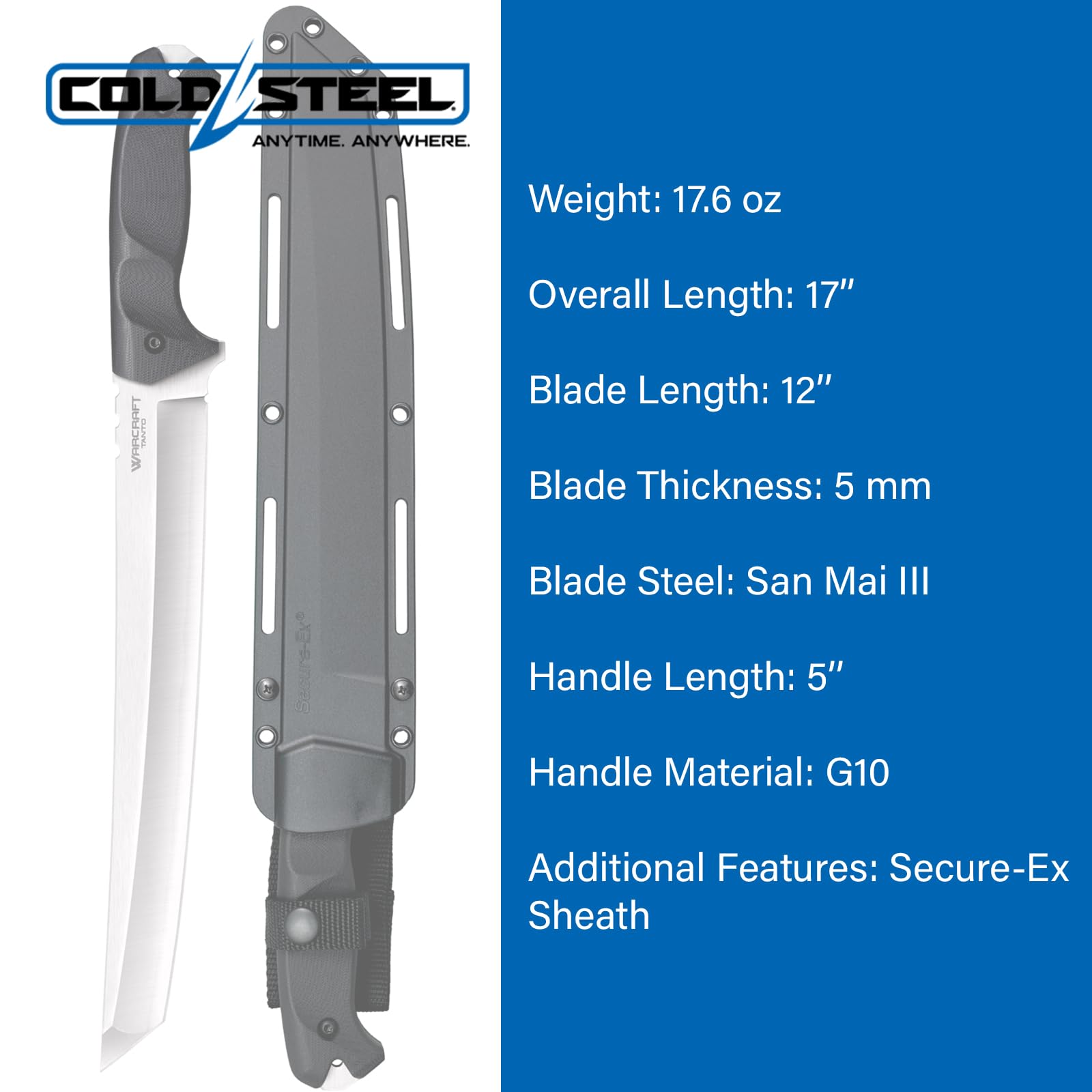 Warcraft COLD STEEL 12" San Mai III Tanto Point Razor-Sharp Blade 5" G-10 Handle Military Tactical Fixed Blade Knife