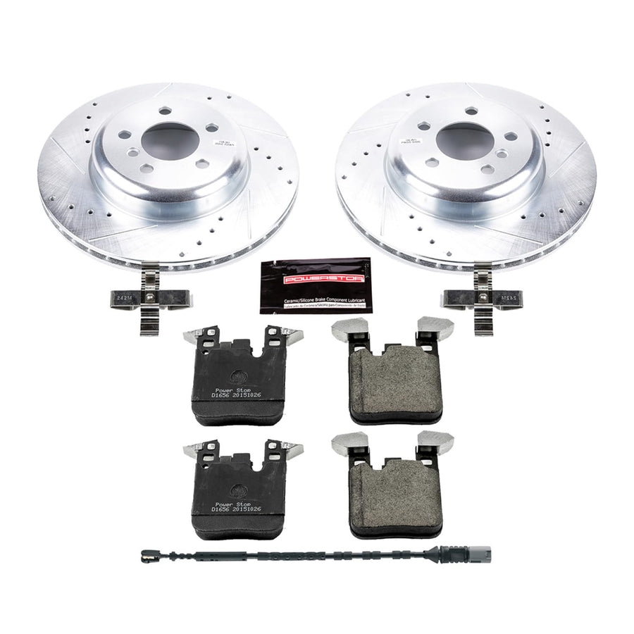 Power Stop K6672 Z23 Rear Carbon Fiber Brake Pads with Drilled & Slotted Brake Rotors Kit and 1 Rear Sensor Wire