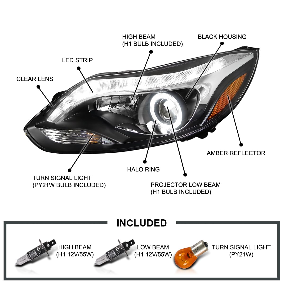 LED Strip Projector Headlights W/Halo Rim Black SPEC-D TUNING Compatible with 2012-2014 Ford Focus All Left + Right Pair Headlamps Assembly