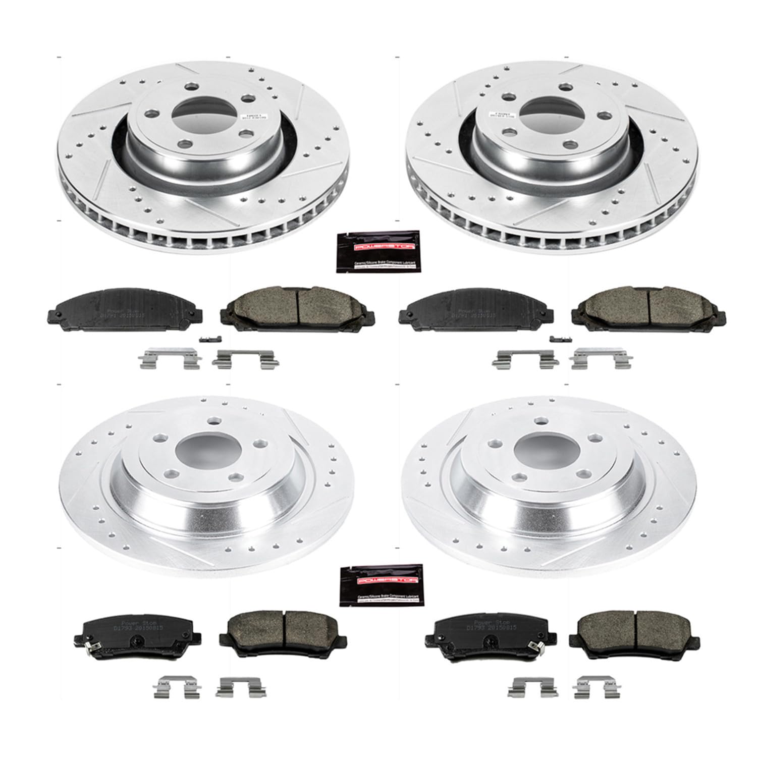 Power Stop K6808 Z23 Carbon Fiber Brake Pads Front and Rear with Drilled & Slotted Brake Rotors Kit For Ford Mustang 2015-2020 [Model Specific]