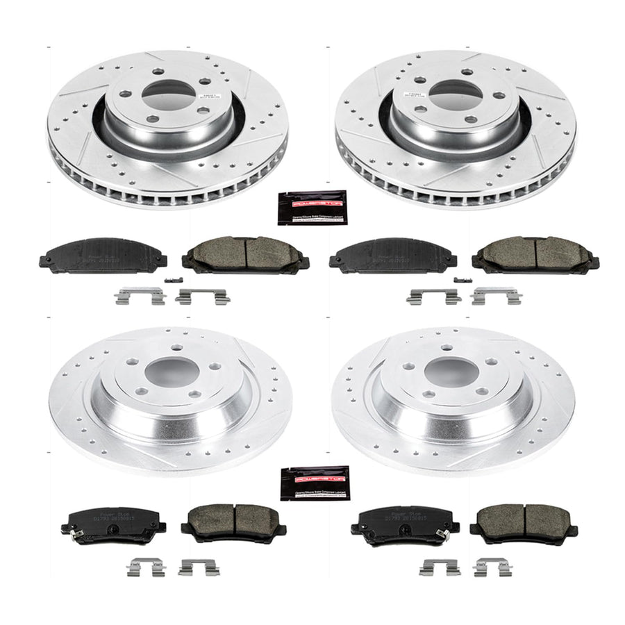 Power Stop K6808 Z23 Carbon Fiber Brake Pads Front and Rear with Drilled & Slotted Brake Rotors Kit For Ford Mustang 2015-2020 [Model Specific]