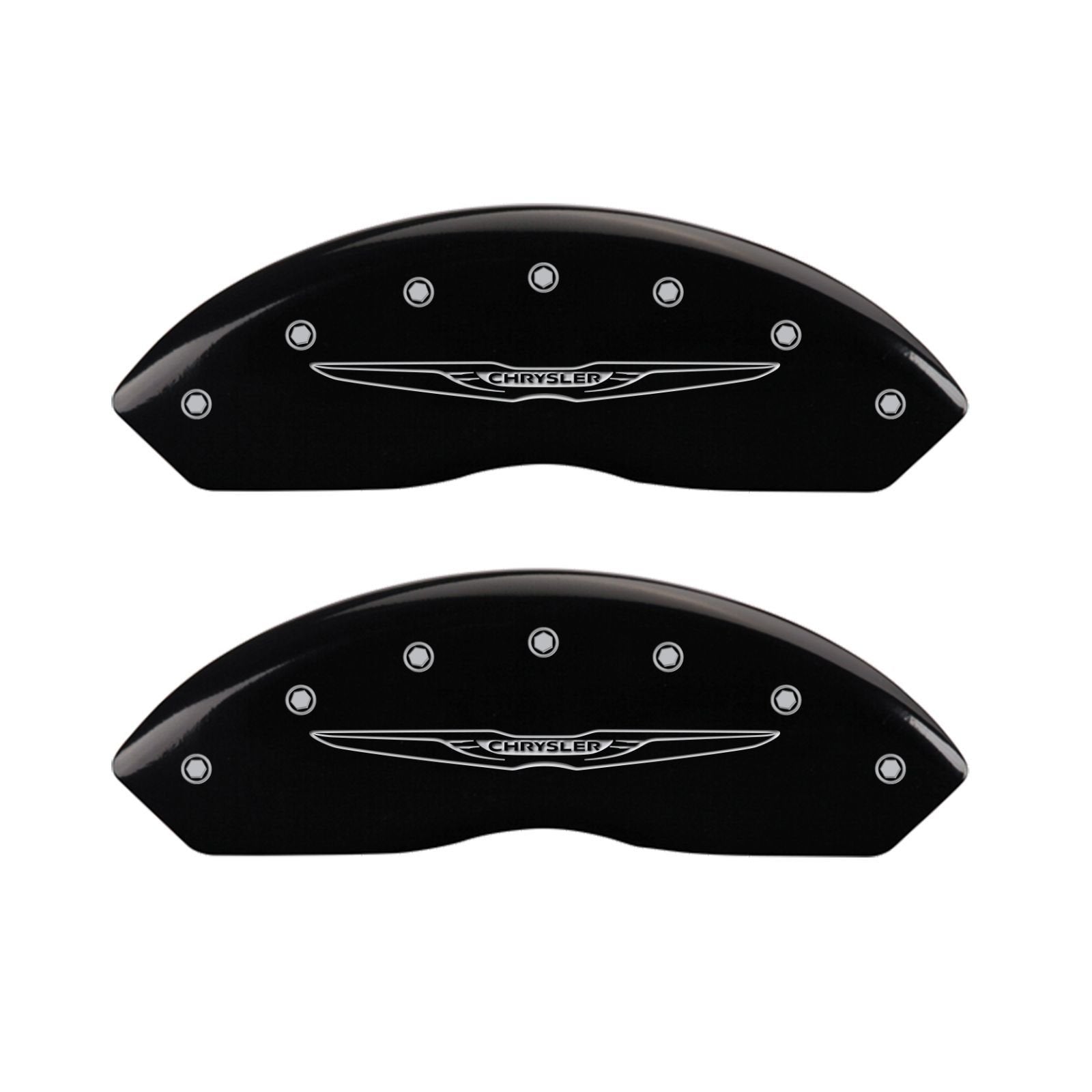 Caliper Covers MGP 32021SCW2BK Black Powder Coat Finish Front and Rear Caliper Cover, Set of 4 (Style 2/Chrysler Wing Silver Characters, Engraved)