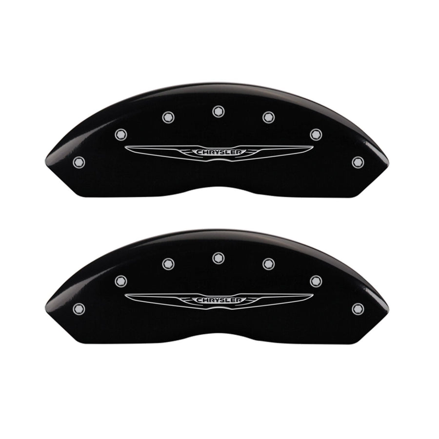 Caliper Covers MGP 32021SCW2BK Black Powder Coat Finish Front and Rear Caliper Cover, Set of 4 (Style 2/Chrysler Wing Silver Characters, Engraved)