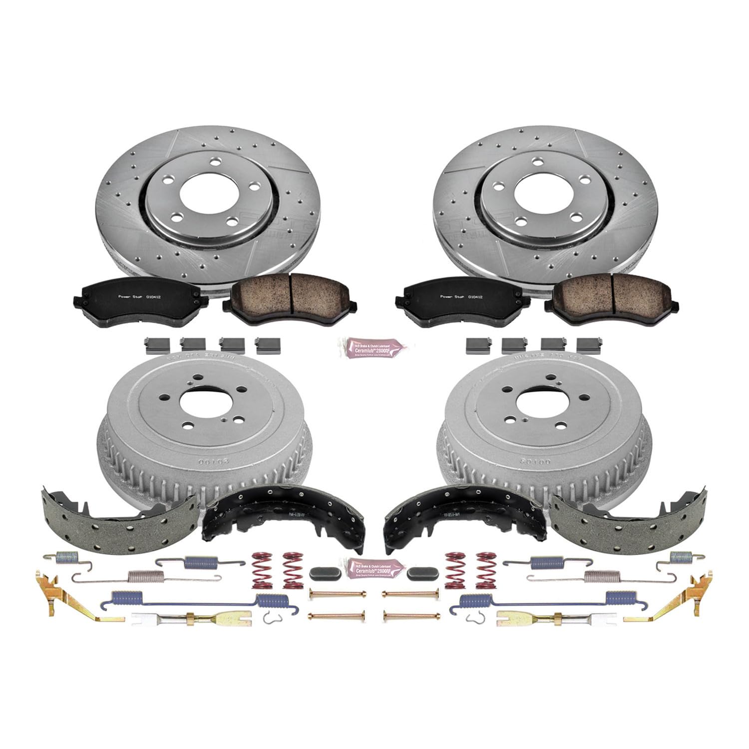 Power Stop K15013DK Z23 Carbon Fiber Brake Pads Front and Rear with Drilled & Slotted Brake Drums Kit For Town & Country, Voyager, Caravan, Grand Caravan [Model Specific]