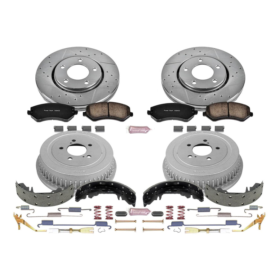 Power Stop K15013DK Z23 Carbon Fiber Brake Pads Front and Rear with Drilled & Slotted Brake Drums Kit For Town & Country, Voyager, Caravan, Grand Caravan [Model Specific]