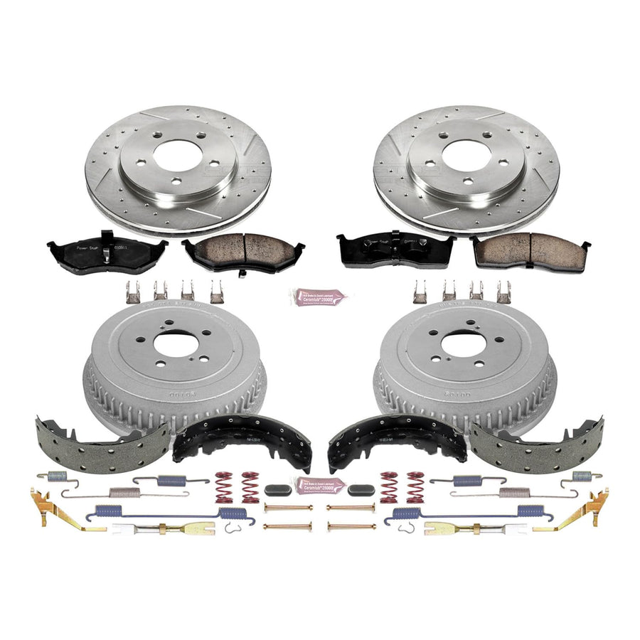 Power Stop K15011DK Z23 Carbon Fiber Brake Pads Front and Rear with Drilled & Slotted Brake Drums Kit For Grand Voya, Town & Country, Voya, Caravan, Grand Caravan [Model Specific]