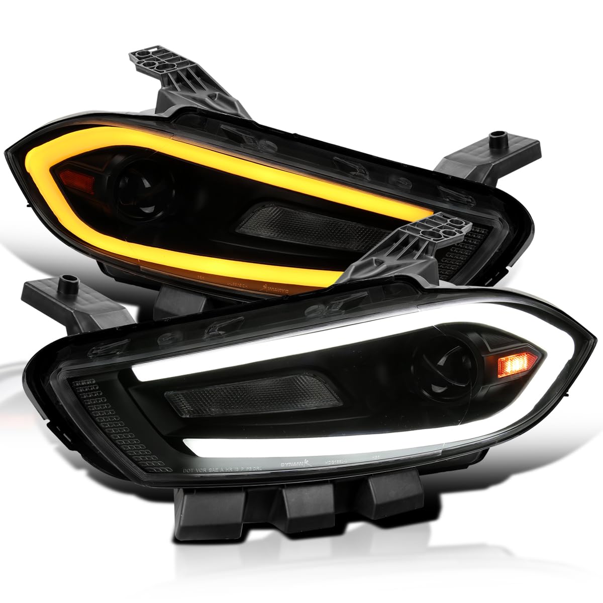Black Smoke SPEC-D TUNING Projector Headlights w/Switchback Sequential LED Signal Tube and Startup Animation Compatible with 2013-2016 Dodge Dart, Left + Right Pair Headlamps Assembly