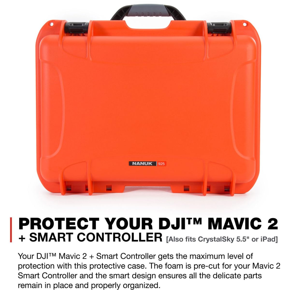 Nanuk Waterproof Hard Case 925 with Foam Insert for DJI Mavic 2 Pro|Zoom + Smart Controller, Crystalsky 5.5" or iPad - Orange