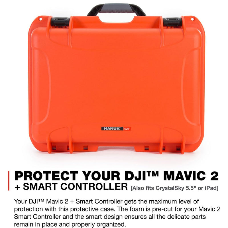 Nanuk Waterproof Hard Case 925 with Foam Insert for DJI Mavic 2 Pro|Zoom + Smart Controller, Crystalsky 5.5" or iPad - Orange