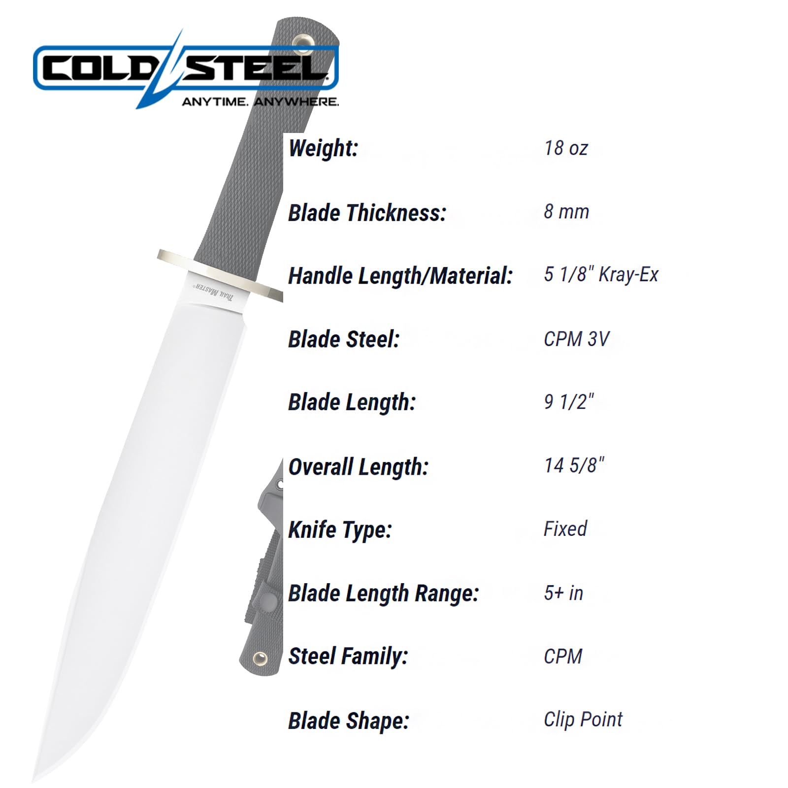 COLD STEEL 9.5" Trail Master CPM 3V Razor-Sharp Clip Point Blade 5.125" Kray-Ex Handle Tactical Fixed Blade Knife W/Secure-Ex Sheath