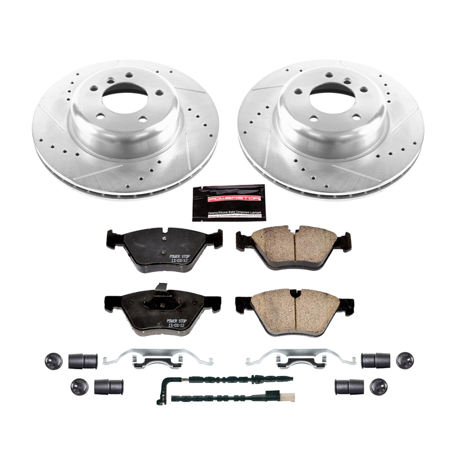 Z23 Power Stop K6578 Front Carbon Fiber Brake Pads with Drilled & Slotted Brake Rotors Kit and 1 Front Sensor Wire For BMW Z4 2009-2010 [Model Specific]