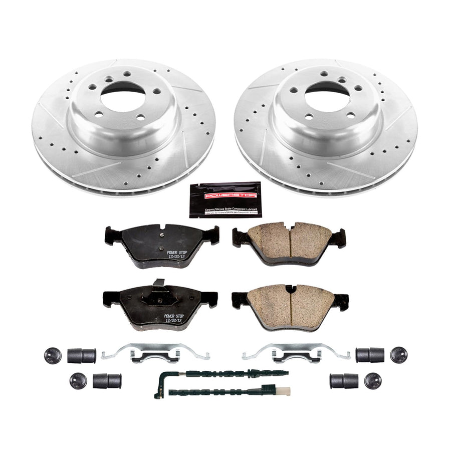 Z23 Power Stop K6578 Front Carbon Fiber Brake Pads with Drilled & Slotted Brake Rotors Kit and 1 Front Sensor Wire For BMW Z4 2009-2010 [Model Specific]