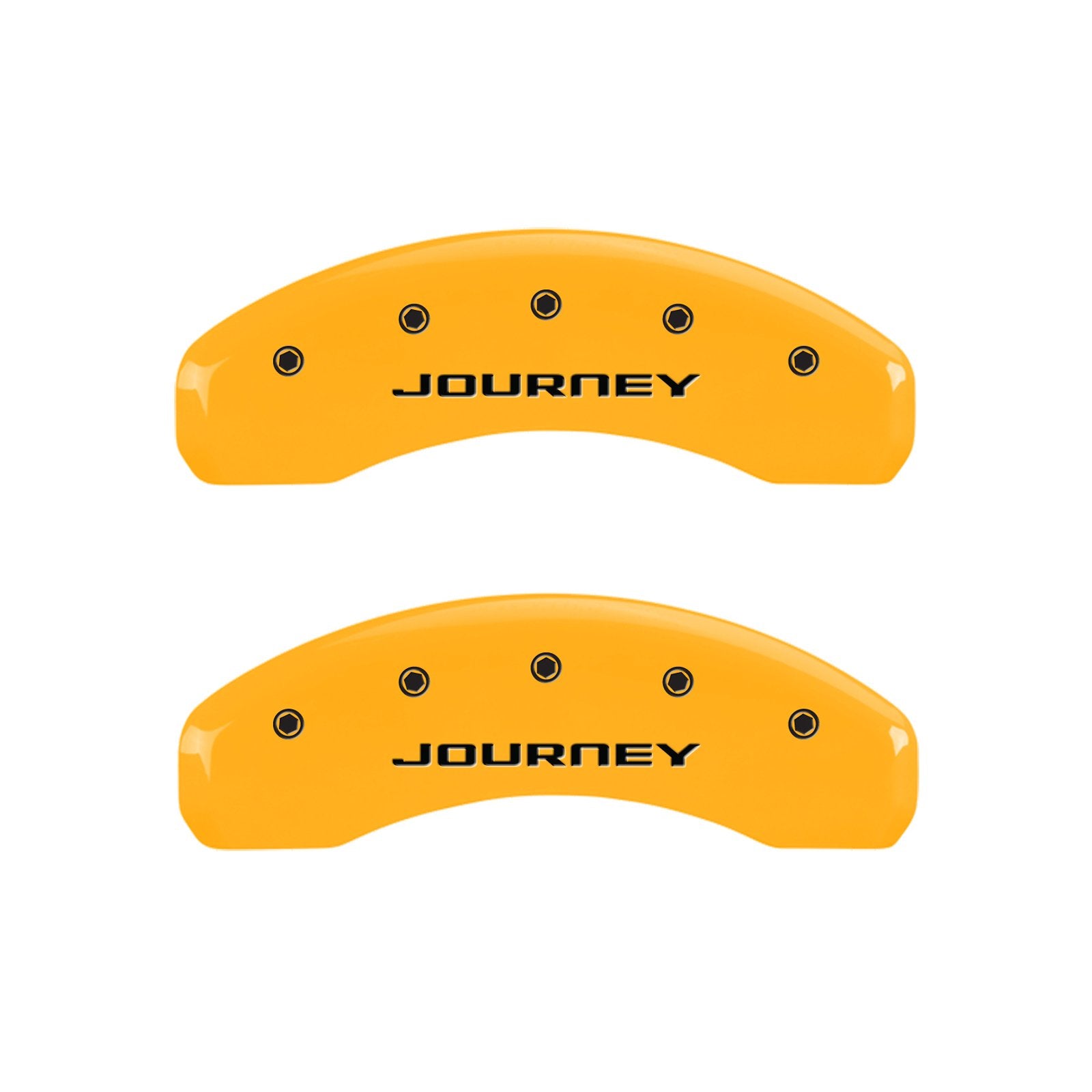 Caliper Covers MGP 12200SJN1YL, Set of 4 (Yellow Engraved Front and Rear: with Out Stripes/Journey Powder Coat Finish Black Characters)