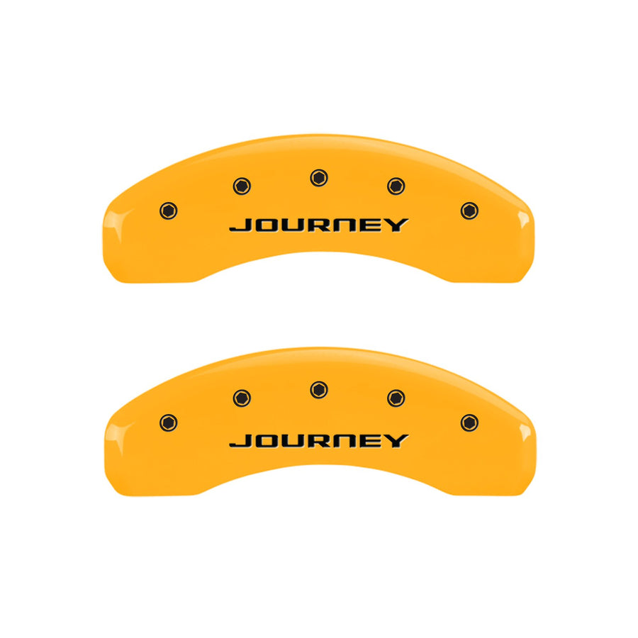 Caliper Covers MGP 12200SJN1YL, Set of 4 (Yellow Engraved Front and Rear: with Out Stripes/Journey Powder Coat Finish Black Characters)