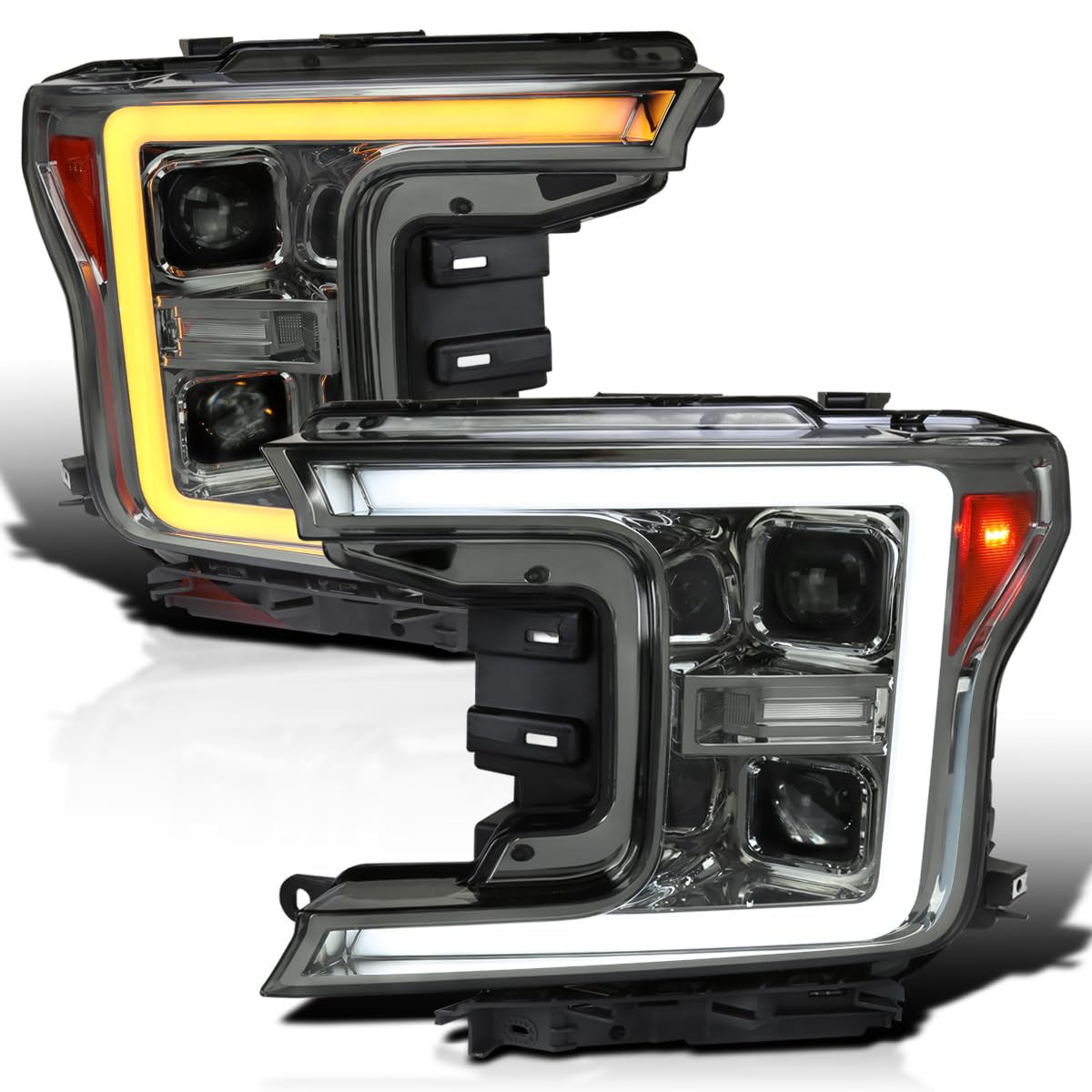 Smoke Sequential Switchback Projector Headlights w/LED Light Bar SPEC-D TUNING Compatible with 2018-2020 Ford F-150, Left + Right Pair Headlamps Assembly