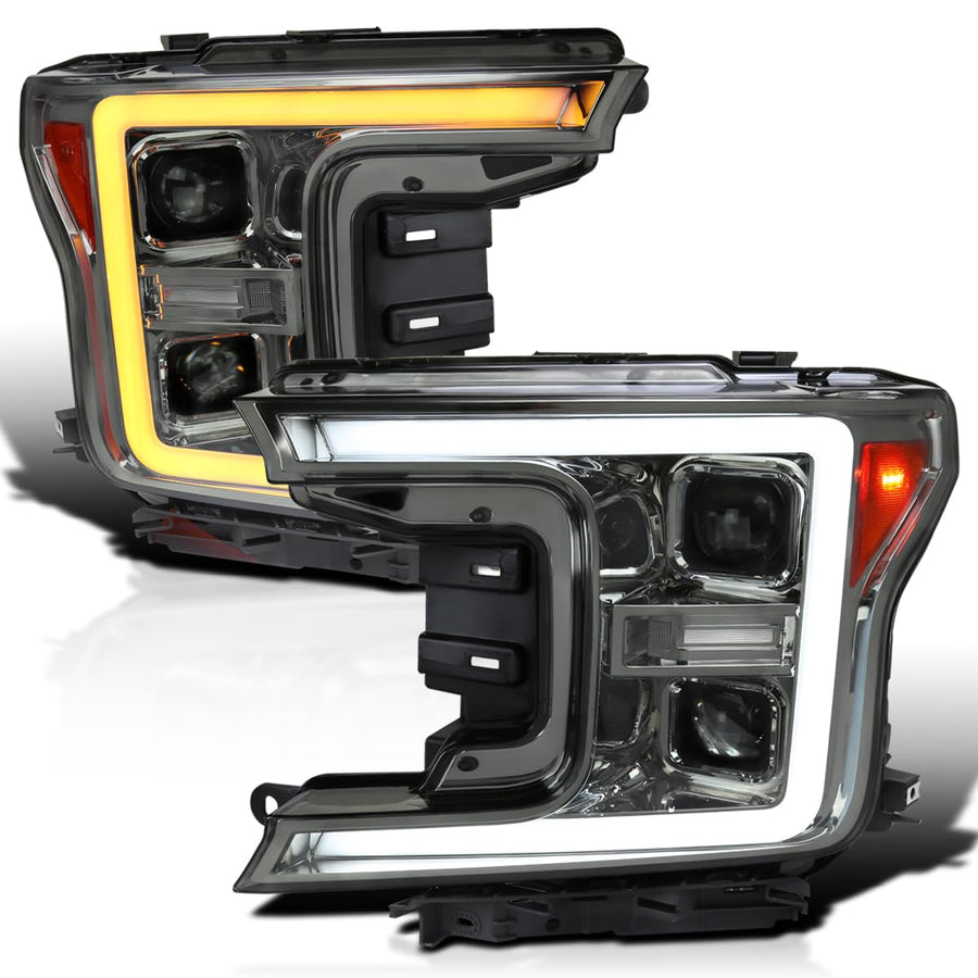 Smoke Sequential Switchback Projector Headlights w/LED Light Bar SPEC-D TUNING Compatible with 2018-2020 Ford F-150, Left + Right Pair Headlamps Assembly
