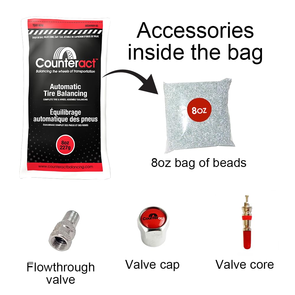 DIY Tire/Wheel Balancing Beads Kit Counteract DIYTK8-2 – for All Trailers, Includes (2) 8oz Bead Bags, (2) Valve Caps & Cores, (1) Core Remover, & Injector Bottle