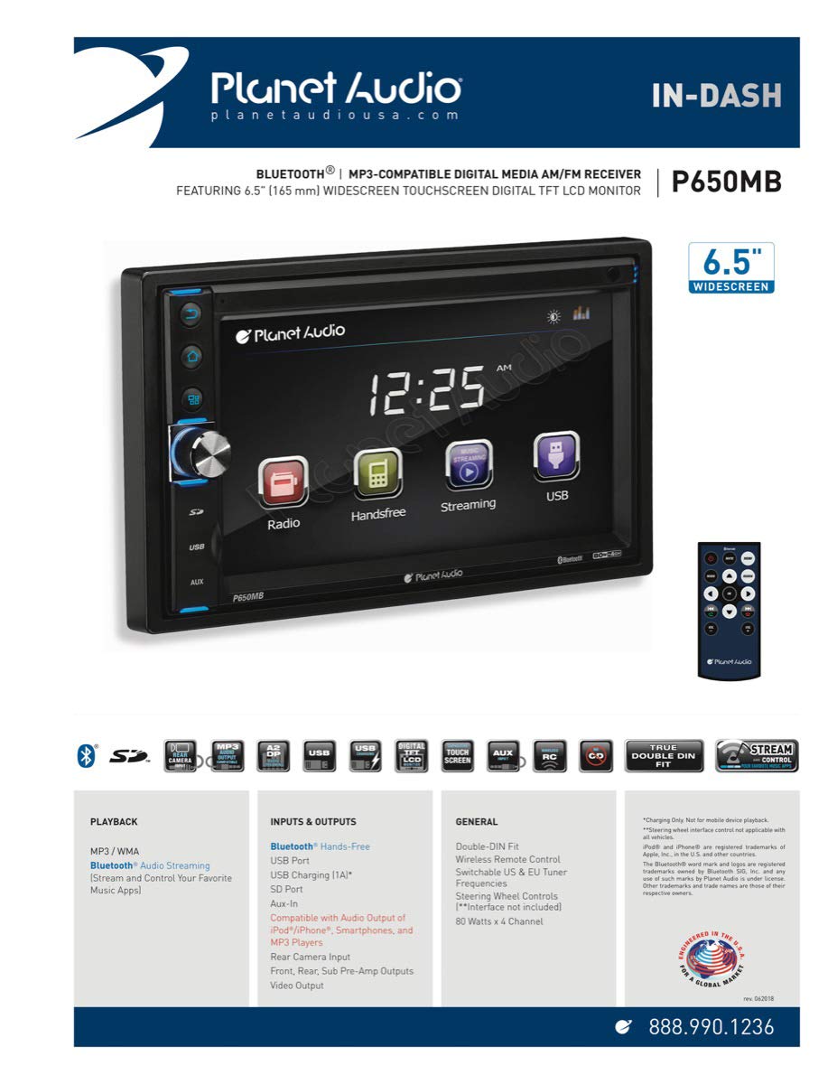 P650MB Planet Audio Multimedia Car Stereo - Double Din, Bluetooth Audio and Hands-Free Calling, MP3 Player, USB, SD, AUX Input, AM/FM Radio Receiver, No CD/DVD Player