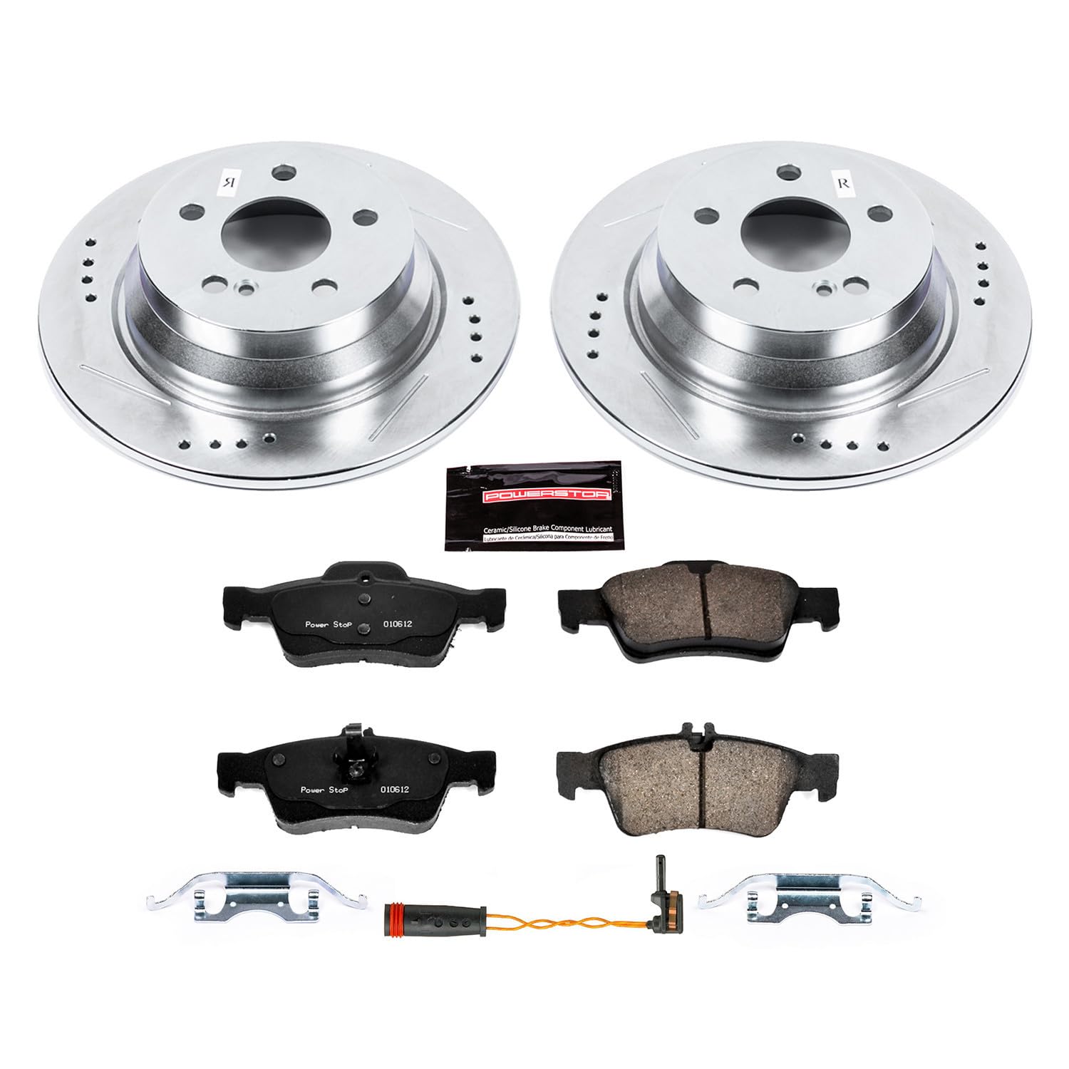 Rear Power Stop K7745 Z23 Carbon Fiber Brake Pads with Drilled & Slotted Brake Rotors Kit For Mercedes-Benz E250 2014-2016 [Model Specific]