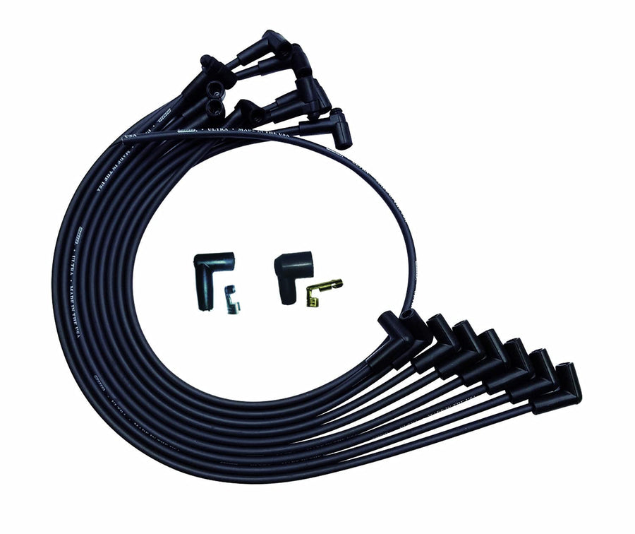Moroso Ultra Series Black Spark Plug Wires, Small Block Chevy, Routing Over Valve Cover, 90 Degree Plug Ends, HEI Distributor
