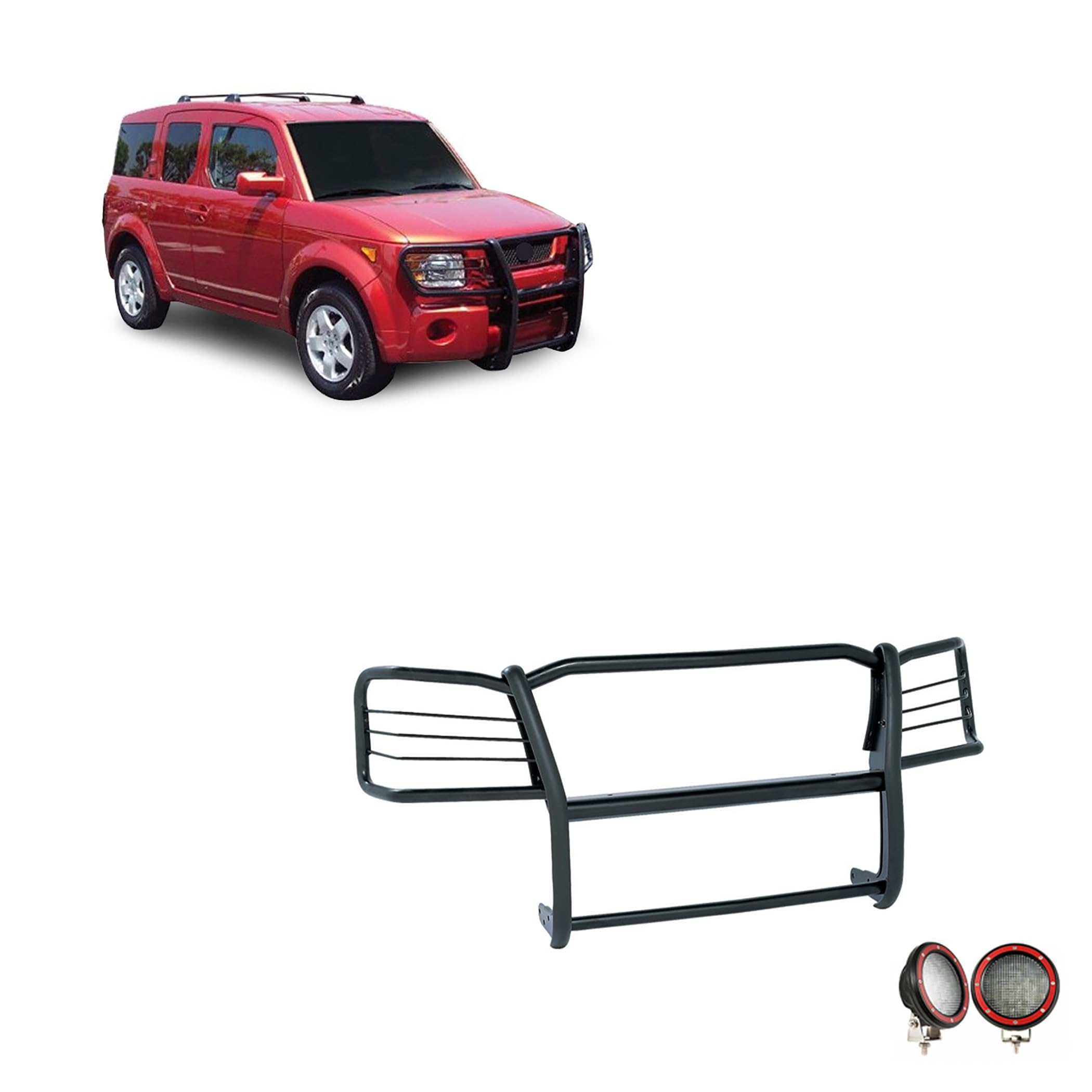 Bumper Guard Black Horse Grille Brush Modular Black Come with Pair of 5.3" Dia.LED Lights with Red Trim Rings Compatible with 2003-2008 Honda Element-17A155900MA-PLFR