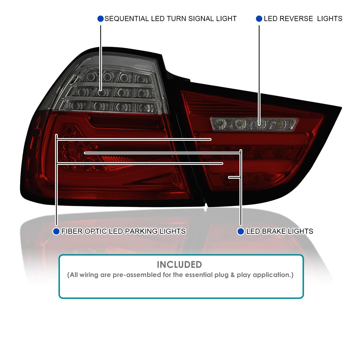 Full LED Chrome Red/Smoke Tail Lights SPEC-D TUNING w/Fiber Optic Parking Light S and trip and Sequential Turn Signals Compatible with 2009-2011 BMW E90 3-Series