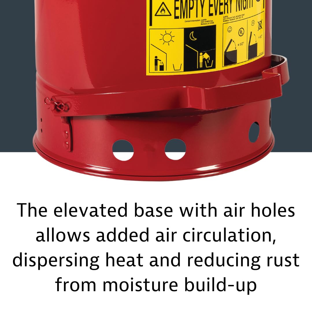 10 Gallon Justrite Galvanized Steel Oily Waste Can, 18" x 14" Metal Oil Rag Safety Can with Quiet Foot Operated Self-Closing Lid for Oil Rag Disposal, Made in The USA, Red, 09308