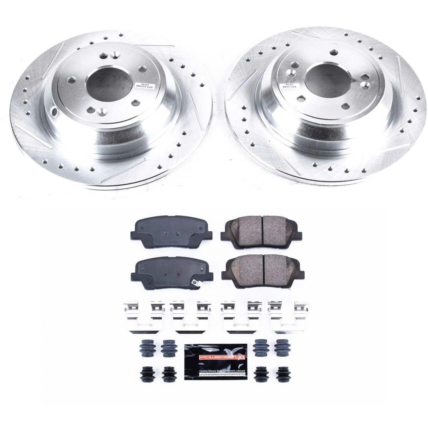 Rear Power Stop K5847 Z23 Carbon Fiber Brake Pads with Drilled & Slotted Brake Rotors Kit For Genesis G70 2019-2022, Hyundai Genesis 2009, Kia Stinger 2018-2021 [Model Specific]