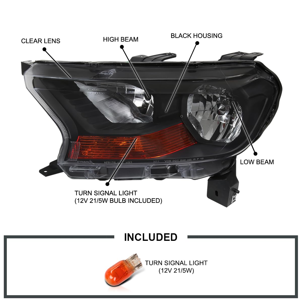 Black Headlights SPEC-D TUNING Compatible with 2019-2022 Ford Ranger XL/XLT, Left + Right Pair Headlamps Assembly